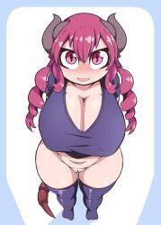 1girl arms_behind_back blue_border blush border bottomless breasts cleavage cleft_of_venus dragon_girl dragon_horns dragon_tail embarrassed excited eyelashes fang female_focus from_above full_body horns huge_breasts ilulu_(maidragon) kobayashi-san_chi_no_maidragon looking_at_viewer looking_up matching_hair/eyes no_nose open_mouth purple_shirt purple_thighhighs pussy quin_nsfw red_eyes red_hair shirt shortstack simple_background skin_fang slit_pupils smile solo standing t-shirt tail thighhighs uncensored white_background wide_hips