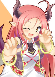 Rule 34 | 1girl, ahoge, bracelet, breasts, claw pose, dragon girl, dragon horns, dragon wings, highres, horns, iris mysteria!, jewelry, large breasts, long hair, one eye closed, open mouth, peraplus0112, pointy ears, red hair, sharon oliva, smile, wings, yellow eyes