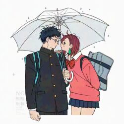 1boy 1girl arm_behind_back ayase_momo backpack bag black_choker black_hair black_jacket blue_skirt blush bow bowtie brown_hair buttons choker collared_shirt commentary_request cowboy_shot dandadan earrings eye_contact gakuran glasses hair_behind_ear hand_on_another&#039;s_shoulder highres holding holding_umbrella jacket jewelry k_ysd001 long_sleeves looking_at_another loose_bowtie medium_hair miniskirt pink_sweater pleated_skirt profile rain red_bow red_bowtie school_uniform shared_umbrella shirt short_hair skirt sweater takakura_ken_(dandadan) umbrella white_shirt