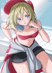 1girl bandeau bare_shoulders black_shorts blonde_hair blue_eyes blush bracelet breasts closed_mouth clothes_around_waist crop_top eyelashes hair_between_eyes hat headphones highres irida_(pokemon) jacket jacket_around_waist jewelry looking_at_viewer midriff mochitaro_(mothitaroo) navel nintendo open_mouth pokemon pokemon_legends:_arceus red_bandeau red_shirt shirt short_hair shorts solo strapless strapless_shirt sweat sweatdrop
