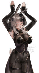 1girl absurdres alternate_costume animal_ears black_bow black_bowtie black_corset black_gloves black_hair black_leotard black_nails black_pantyhose bow bowtie breasts commentary corset des_hatsumine elbow_gloves fake_animal_ears fingerless_gloves gloves grey_hair hair_ornament heart heart_hair_ornament highres hololive hololive_english lace lace-trimmed_gloves lace_trim large_breasts leotard multicolored_hair pantyhose piercing rabbit_ears rabbit_hair_ornament rabbit_pose scissors shiori_novella simple_background solo split-color_hair symbol-only_commentary tongue tongue_out tongue_piercing two-tone_hair virtual_youtuber white_background yellow_eyes