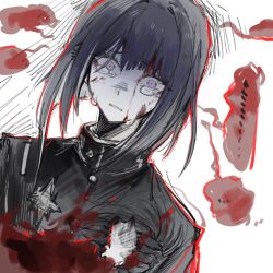 ... 1833529948 1boy black_hair black_jacket blood blood_from_forehead blood_on_clothes blood_on_face chinese_commentary commentary_request crying crying_with_eyes_open highres jacket male_focus pale_skin short_hair solo speech_bubble spoken_ellipsis tears the_hundred_line_-last_defense_academy- tsukumo_ima