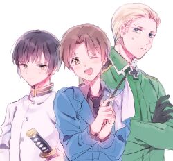 3boys axis_powers_hetalia black_gloves black_hair black_necktie blonde_hair blue_eyes blue_jacket breast_pocket brown_eyes brown_hair buttons closed_mouth collared_jacket collared_shirt commentary_request cross crossed_arms flag germany_(hetalia) gloves green_jacket grey_shirt half-closed_eyes hands_up holding holding_flag holding_sword holding_weapon iron_cross jacket japan_(hetalia) katana lapels long_sleeves looking_at_viewer male_focus military_jacket military_uniform multiple_boys necktie nekojiri northern_italy_(hetalia) one_eye_closed open_mouth parted_bangs pocket shirt short_hair simple_background smile sweatdrop sword teeth upper_body weapon white_background white_flag white_jacket yellow_eyes