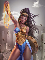 1girl arm_up brown_eyes brown_hair dark-skinned_female dark_skin dc_comics douglas_bicalho dreadlocks earrings gold_armlet gold_earrings highres holding holding_lasso holding_shield hoop_earrings jewelry lasso lasso_of_truth long_hair looking_at_viewer nubia_(dc) shield solo wonder_woman_(series)