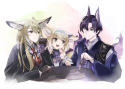 1boy 2girls animal_ears arknights blonde_hair e-bushi father_and_daughter fox_boy fox_ears fox_girl fox_tail green_eyes highres husband_and_wife mother_and_daughter multiple_girls suzuran&#039;s_father_(arknights) suzuran_(arknights) tail vulpisfoglia_(arknights)