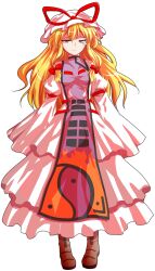 1girl alphes_(style) blonde_hair boots bow breasts brown_boots closed_mouth commentary_request crying crying_with_eyes_open dairi dress flame_print full_body hair_bow hat large_variant_set long_hair long_sleeves looking_at_viewer medium_breasts mob_cap multiple_hair_bows parody purple_tabard red_bow sleeves_past_wrists solo style_parody tabard tachi-e tears touhou transparent_background variant_set white_dress white_hat white_sleeves wide_sleeves yakumo_yukari yellow_eyes yin_yang