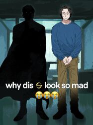 2boys artist_name ashuiashui119 blue_eyes blue_shirt brown_hair brown_pants cape closed_mouth crying_emoji dual_persona emoji english_text fingernails floor full_body highres indoors long_sleeves looking_at_viewer male_focus marvel marvel_cinematic_universe meme multiple_boys own_hands_together pants puffy_long_sleeves puffy_sleeves scared sentry_(marvel) shadow shirt short_hair smile standing sweatdrop tearing_up thunderbolts_(movie) white_eyes why_dis_ninja_look_so_mad_(meme) window