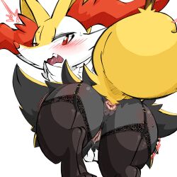 1girl ^^^ absurdres animal_ear_fluff animal_ears animal_feet animal_nose animal_pussy anus ass black_fur black_thighhighs blush body_fur braixen canine_pussy clothed_pokemon embarrassed fang female_focus fox_ears fox_girl fox_tail from_behind furry furry_female garter_straps gen_6_pokemon highres looking_back looking_down motion_lines multicolored_fur nintendo open_mouth pokemon pokemon_(creature) pussy pussy_juice red_eyes red_leopard simple_background snout solo stick sweat tail thick_thighs thighhighs thighs white_background white_fur yellow_fur