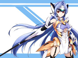 1girl arm_blade bare_shoulders blue_background blue_hair breasts closed_mouth commentary cowboy_shot dress forehead_protector garter_straps headgear highres kos-mos kos-mos_ver._4 large_breasts long_hair looking_at_viewer makibane_(mkbane) red_eyes simple_background smile solo standing two-tone_background very_long_hair weapon white_background white_dress xenosaga xenosaga_episode_iii