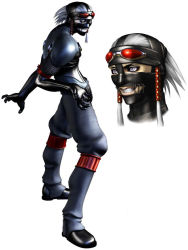1boy black_gloves clenched_teeth gloves goggles goggles_on_head grey_eyes looking_at_viewer male_focus mask mugetsu_(touhou) ninja official_art short_hair silver_hair simple_background solo spiked_hair standing teeth the_bouncer touhou uniform white_background
