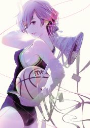 Rule 34 | 1girl, absurdres, ass, ball, bandaged arm, bandages, basketball (object), basketball uniform, black buruma, breasts, buruma, cover, cover page, covered erect nipples, cowboy shot, from side, highres, holding, holding ball, holding megaphone, id card, jersey, kanbaru suruga, looking at viewer, lower teeth only, manga cover, medium breasts, megaphone, monogatari (series), non-web source, official art, oogure ito, open mouth, purple eyes, purple hair, safety pin, short hair, sideboob, simple background, solo, sportswear, string, string of fate, tank top, teeth, white background, white tank top