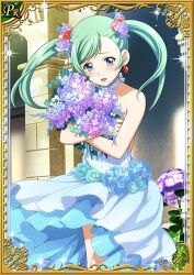 Rule 34 | 1girl, aqua hair, bare arms, bare shoulders, blue choker, blue dress, card (medium), choker, day, dress, feet out of frame, female focus, flower, hair bobbles, hair ornament, holding, ikkitousen, long hair, looking at viewer, magatama, official art, open mouth, outdoors, shokatsuryou koumei, standing, swept bangs