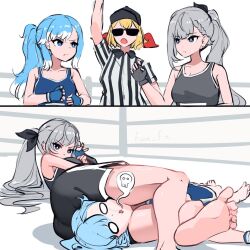 0_0 artist_name barefoot black_bow black_ribbon blonde_hair blue_eyes blue_gloves blue_hair blue_shorts blue_tank_top bow braid braided_bun dolphin_shorts feet fian_f.n fingerless_gloves gloves grey_eyes grey_gloves grey_hair grey_shorts grey_tank_top hair_bow hair_bun hand_up hololive hololive_indonesia kaela_kovalskia kobo_kanaeru multicolored_hair on_floor ponytail red_bow referee ribbon shorts sidelocks single_sidelock speech_bubble striped_clothes submission_hold sunglasses tank_top thighs two-tone_hair vestia_zeta white_background white_hair wrestling wrestling_ring