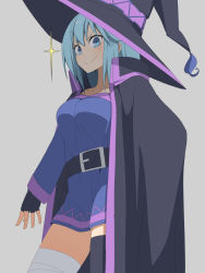 Rule 34 | 1girl, aqua (konosuba), aqua eyes, aqua hair, bad id, bad pixiv id, bandaged leg, bandages, belt, black gloves, black hat, black thighhighs, breasts, cloak, cosplay, doyagao, dress, female focus, fingerless gloves, gloves, grey background, hat, kono subarashii sekai ni shukufuku wo!, long hair, looking at viewer, medium breasts, megumin, megumin (cosplay), salpin, short dress, simple background, single thighhigh, smile, smirk, smug, solo, sparkle, straight hair, thighhighs, witch hat, zettai ryouiki