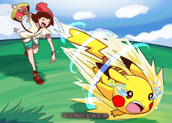 Rule 34 | 1girl, :d, ^ ^, absurdres, bag, bare legs, beanie, blue sky, brown hair, catastropika (pokemon), closed eyes, cloud, cloudy sky, commentary, deviantart username, english commentary, gen 1 pokemon, grass, green shorts, harlequinwaffles, hat, highres, leg up, mixed-language commentary, motion lines, nintendo, open mouth, outdoors, pikachu, pokemon, pokemon (creature), pokemon move, pokemon sm, red hat, red shoes, selene (pokemon), shirt, shoes, short hair, short shorts, short sleeves, shorts, shoulder bag, sky, smile, sneakers, spanish commentary, sparkle, speed lines, standing, standing on one leg, tears, teeth, throwing, tied shirt, upper teeth only, watermark, web address, yellow shirt, z-move, z-ring, |d