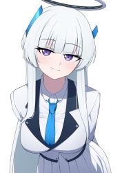 Rule 34 | 1girl, blue archive, blue necktie, breasts, collared shirt, grey hair, halo, headgear, highres, jacket, large breasts, leaning forward, long hair, long sleeves, looking at viewer, mechanical halo, necktie, noa (blue archive), purple eyes, shirt, solo, watakaze, white background, white halo, white jacket, white shirt