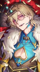 1boy absurdres aqua_shirt artist_name aventurine_(honkai:_star_rail) black_collar black_gloves black_jacket blonde_hair blue_eyes card character_name chikuwa_(dr0603) cleavage_cutout clothing_cutout collar collared_shirt confetti crossed_bangs curtains dice earrings fur-trimmed_jacket fur_trim glasses gloves gold_trim hair_between_eyes hand_up hashtag-only_commentary highres holding holding_dice honkai:_star_rail honkai_(series) jacket jewelry male_focus multicolored_eyes multiple_rings neck_tattoo open_clothes open_jacket open_mouth parted_bangs playing_card poker_chip purple-tinted_eyewear purple_eyes ring shirt short_hair single_earring smile solo sparkle star_(symbol) tattoo teeth tinted_eyewear twitter_username upper_body upper_teeth_only vest watermark wing_collar yellow-framed_eyewear