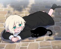 1girl animal black_cat black_dress black_socks blush_stickers brick_road cat dot_nose dress elf green_eyes hair_between_eyes highres long_sleeves looking_at_animal lying oka_(okakanoka) on_ground on_stomach original own_hands_together pointy_ears sleeping_animal socks solo whiskers white_hair white_mouth