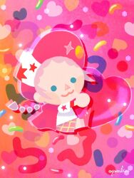1boy :3 ball_hands blue_eyes braid chibi chibi_only classicaloid closed_mouth flat_color gradient_background hat heart highres holding holding_heart male_focus pink_hat pink_shorts shirt shorts solo triangle_nose white_shirt wolfgang_amadeus_mozart_(classicaloid) yatta_kita