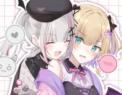 2girls asumi_sena asumi_sena_(3rd_costume) black_choker black_hat blonde_hair blush bow choker closed_eyes commentary_request fang green_eyes grey_hair hair_bow hair_ornament hat heart highres kurumi_noah kurumi_noah_(3rd_costume) multicolored_hair multiple_girls open_mouth outline pink_hair spoken_blush spoken_heart streaked_hair sweat touri_tarou_(misconception) two-tone_hair virtual_youtuber vspo! white_outline