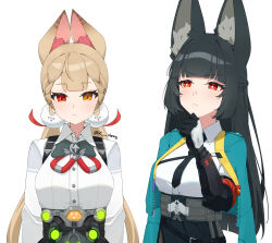 2girls alice_thymefield animal_ears black_gloves black_hair black_necktie black_skirt blonde_hair blue_jacket closed_mouth collared_shirt elbow_gloves fox_ears fox_girl gloves heterochromia hoshimi_miyabi jacket looking_at_viewer mouse_ears mouse_girl multiple_girls necktie red_eyes shirt skirt white_shirt xsan_vanny yellow_eyes zenless_zone_zero