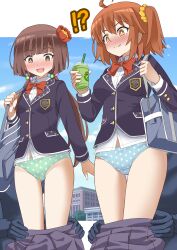 Rule 34 | !?, 2girls, 2others, absurdres, ahoge, arm at side, assisted exposure, bag, blazer, blue sky, blunt bangs, blunt ends, blush, bow, bowtie, breasts, bright pupils, brown eyes, brown hair, closed mouth, clothes pull, collared shirt, commentary request, crotch seam, cup, day, disposable cup, drinking straw, emblem, fate/grand order, fate (series), feet out of frame, fujimaru ritsuka (female), hair ornament, hair scrunchie, hand up, hands up, highres, holding, holding cup, holding strap, humiliation, jacket, komahime (fate), large breasts, large variant set, letterboxed, long hair, long sleeves, looking down, low twintails, medium hair, multiple girls, multiple others, nose blush, one side up, open mouth, orange eyes, orange hair, outdoors, outside border, panties, pantsing, pleated skirt, polka dot, polka dot panties, pulling another&#039;s clothes, purple jacket, purple skirt, red bow, red bowtie, school bag, school uniform, scrunchie, shimouki izui, shirt, skirt, skirt pull, sky, small breasts, smile, sphere hair ornament, split mouth, standing, surprised, twintails, underwear, variant set, wavy mouth, white pupils, white shirt, wing collar, yellow scrunchie