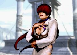 1girl breasts cleavage_cutout clothing_cutout curvy female_focus fishnets huge_breasts jacket large_breasts long_hair neo_geo_battle_coliseum ponytail red_hair shermie_(kof) standing the_king_of_fighters thighs twintails