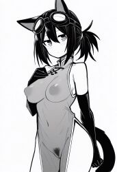 1girl alternate_costume animal_ears arknights bare_shoulders blush breast_suppress breasts china_dress chinese_clothes closed_mouth commentary_request cowboy_shot dot_nose dress elbow_gloves female_pubic_hair gloves goggles goggles_on_head greyscale groin hair_between_eyes highres large_breasts looking_at_viewer makigirisu monochrome navel nipples pelvic_curtain pubic_hair pussy rockrock_(arknights) see-through_clothes see-through_dress short_hair side_slit simple_background sleeveless sleeveless_dress solo standing tail white_background