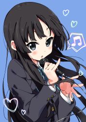 1girl akiyama_mio black_eyes black_hair black_jacket blazer blue_background blue_ribbon collared_shirt commentary_request heart highres holding holding_microphone jacket k-on! long_hair long_sleeves looking_at_viewer microphone music musical_note neck_ribbon ribbon sakuragaoka_high_school_uniform school_uniform shinshin_(ssnsn_oekaki) shirt short_hair simple_background singing solo upper_body white_shirt winter_uniform