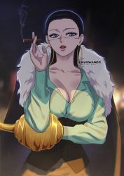 1girl absurdres black_hair blue_eyes breasts cape cigar cleavage_cutout clothing_cutout crocodile_(one_piece) female_focus formal_clothes genderswap genderswap_(mtf) highres hook hook_hand jacket large_breasts lipstick looking_at_viewer makeup one_piece ornament scar scar_on_face solo suit