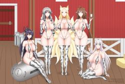 5girls absurdres animal_ears animal_print barn bell bikini black_hair blonde_hair blue_bow bow braid breasts brown_hair collar cow_ears cow_horns cow_print cow_print_bikini cow_tail deuzlul female_focus fox_ears fox_girl fox_tail glass grayfia_lucifuge grey_eyes grey_hair hair_bow high_school_dxd highres himejima_akeno horns inverted_nipples kneeling large_breasts long_hair maid_headdress matching_hair/eyes mature_female micro_bikini milk multiple_girls multiple_tails navel neck_bell on_floor ponytail print_bikini print_legwear purple_eyes ribbon rossweisse sitting standing swimsuit tail thighhighs tray twin_braids venelana_gremory yasaka_(high_school_dxd) yellow_eyes