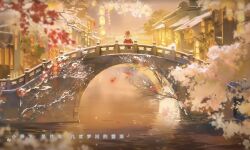 animal architecture artist_request bare_tree bow bow-shaped_hair bridge cat chinese_clothes chinese_new_year chinese_text cloak clothed_animal ear_covers east_asian_architecture falling_petals flower from_behind hair_bow hanfu highres holding holding_animal holding_cat hood hood_up hooded_cloak lantern long_sleeves momo_(nikki) multiple_hair_bows nikki_(nikki) nikki_(series) official_art outdoors paper_lantern petals pink_hair plum_blossoms red_flower red_hanfu river scarf scenery shining_nikki short_hair snow standing third-party_source town translation_request tree twilight updo white_scarf wide_shot winter yellow_cloak