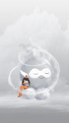 1girl 2others absurdres animal castform character_request closed_eyes dark-skinned_female dark_skin full_body gen_3_pokemon hair_flowing_over highres holding holding_animal multiple_others nintendo non-web_source pokemon sitting size_difference smile white_hair