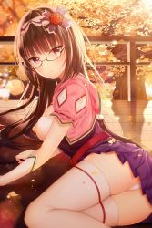 1girl absurdres angry ass autumn black-framed_eyewear black_hair blush breasts fate/grand_order fate_(series) female_focus glasses hairband highres junpaku_karen large_breasts lens_flare long_hair looking_at_viewer low_twintails osakabehime_(fate) panties pantyshot porch purple_eyes semi-rimless_eyewear skirt solo thighhighs twintails under-rim_eyewear underwear white_panties white_thighhighs