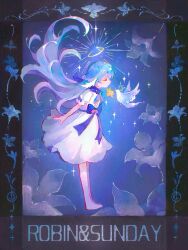 1girl bird blue_hair child closed_eyes dove dress floating_hair flower from_side full_body hair_between_eyes halo head_wings highres honkai:_star_rail honkai_(series) long_hair robin_(honkai:_star_rail) shiqingsan1 short_sleeves smile star_(sky) starry_sky_background white_bird white_dress white_wings wings