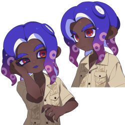 1boy absurdres breast_pocket brown_shirt closed_mouth collared_shirt colored_tongue dark-skinned_male dark_skin dress_shirt fang highres male_focus medium_hair multicolored_eyes multiple_views nintendo octoling octoling_boy octoling_player_character open_mouth parted_bangs pocket purple_eyes purple_hair purple_pupils purple_tongue red_eyes shirt simple_background smile splatoon_(series) splatoon_3 surume01417 tentacle_hair thick_eyebrows two-tone_eyes white_background