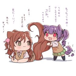 2girls animal_ears bang_dream! black_socks blush brown_eyes brown_hair brown_necktie brown_skirt brown_sweater_vest cat_ears cat_girl cat_tail chibi commentary_request drill_hair fang green_skirt hair_ornament half_updo haneoka_school_uniform highres hugging_tail imai_lisa kanade_(kanade_3344) long_hair multiple_girls necktie open_mouth pleated_skirt purple_hair red_eyes school_uniform short_sleeves sidelocks simple_background skin_fang skirt socks sweater_vest tail tail_wagging translation_request twin_drills udagawa_ako white_background
