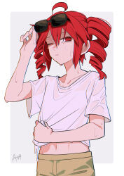 1girl :| ahoge alternate_costume androgynous arm_up border brown_shorts closed_mouth clothes_grab collarbone denim denim_shorts drill_hair expressionless eyewear_on_head flat_chest grey_background groin hair_between_eyes highres kasane_teto liar_dancer_(synthesizer_v) navel one_eye_closed outside_border red_eyes red_hair sato_(r017xts117) shirt shirt_grab short_sleeves shorts solo sunglasses sweat sweaty_clothes twin_drills upper_body utau very_sweaty white_border white_shirt