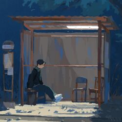 1boy backpack bag bench black_hair black_shirt bug bus_stop bus_stop_sign chair closed_eyes dated haragayowainja highres insect long_sleeves male_focus moth no_lineart original pants profile scarf shirt shoes short_hair sitting solo white_shoes