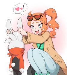 1girl ^^^ bag coat commentary creatures_(company) eyelashes eyewear_on_head game_freak gen_8_pokemon green_eyes green_nails hair_ornament handbag heart heart-shaped_pupils heart_hair_ornament highres long_hair long_sleeves milka_(milk4ppl) nail_polish nintendo open_mouth orange_hair pants pokemon pokemon_(anime) pokemon_(creature) pokemon_journeys pokemon_sm_(anime) pokemon_swsh raboot side_ponytail smile sonia_(pokemon) spoken_heart squatting sunglasses sweat symbol-shaped_pupils teeth tongue