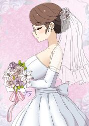 Rule 34 | absurdres, alternate costume, alternate hairstyle, bare shoulders, bouquet, braid, breasts, bridal veil, brown hair, closed eyes, constantia s2, cyandigo, dress, earrings, elbow gloves, flower, from side, gloves, highres, holding, holding bouquet, jewelry, large breasts, last origin, round eyewear, veil, wedding dress, white dress