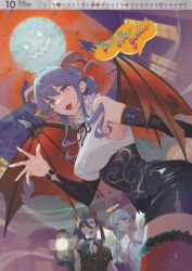 3girls amagiri_(kancolle) angel bad_link bat_wings black_skirt bridal_gauntlets calendar_(medium) collared_shirt demon_girl demon_horns demon_wings dress_shirt drew_(drew213g) from_below full_moon gotland_(kancolle) halloween halloween_costume halo highres horns kantai_collection lantern moon multiple_girls october official_art pencil_skirt red_sky sagiri_(kancolle) shirt skirt sky sleeveless solo_focus swedish_text translation_request vampire_costume waving white_shirt wings