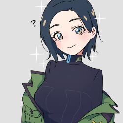 Rule 34 | 1girl, :|, ?, black hair, black shirt, blush, breasts, brown eyes, closed mouth, commentary request, comoli harcourt, grey background, gundam, gundam gquuuuuux, head tilt, highres, looking at viewer, medium breasts, medium hair, mole, mole under eye, off shoulder, shirt, solo, sparkle, turtleneck, turtleneck shirt, xoo (x), zeon
