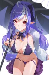 1girl absurdres black_nails breasts commentary cowboy_shot fingernails hashtag-only_commentary highres holding holding_umbrella large_breasts multicolored_hair nail_polish navel pointy_ears purple_hair solo stomach streaked_hair umbrella vivian_banshee yonesdraws zenless_zone_zero