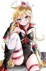 1girl ahoge animal animal_on_head arm_up bare_shoulders black_boots black_cape black_gloves black_thighhighs blonde_hair blue_eyes boots breasts cameltoe cape commentary_request doronjo female_focus gloves hand_in_own_hair highres legs leopard_(yatterman) leotard loli long_hair looking_at_viewer oda-sama_(yatterman) on_head pig ruruka_pr small_breasts strapless strapless_leotard thigh_strap thighhighs thighs time_bokan_(series) very_long_hair white_thighhighs yoru_no_yatterman