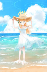 Rule 34 | 1girl, absurdres, alternate costume, animal ear fluff, animal ears, bare shoulders, beach, blue archive, blue eyes, cat ears, cat girl, dress, eania s, flower, hair flower, hair ornament, halo, hat, highres, long hair, looking at viewer, mari (blue archive), ocean, off-shoulder dress, off shoulder, orange hair, sidelocks, solo, straw hat, sun hat, white dress, white flower, yellow halo