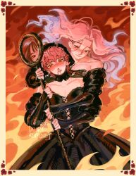 2girls alien_stage black_dress black_hood blood blue_hair border commentary cosplay detached_hood dress dual_persona dungeon_meshi english_commentary fire flower highres holding holding_staff icaimes long_hair marcille_donato marcille_donato_(cosplay) mizi_(alien_stage) multicolored_hair multiple_girls nosebleed red_flower short_hair staff sua_(alien_stage) two-tone_hair watermark white_border yellow_eyes