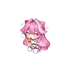 +_+ 1girl animal_ears blush chibi chibi_only commentary english_commentary fangs food garter_straps glitter hair_intakes hololive hololive_english kneeling long_hair multicolored_hair panther_ears panther_girl panther_tail pink_hair pizza pizza_slice raora_panthera raora_panthera_(1st_costume) raora_panthera_(artist) shirt shorts simple_background single_garter_strap solo streaked_hair tail tearing_up thighhighs thighs virtual_youtuber white_background white_shirt white_shorts white_thighhighs yellow_eyes