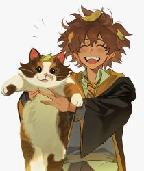 1girl :d amphibia animal anne_boonchuy blush brown_hair cardigan cat cloak closed_eyes dark_skin dress_shirt grey_sweater happy highres holding holding_animal holding_cat hufflepuff jocy3 leaf leaf_on_head necktie open_mouth shirt short_hair smile striped_necktie sweater teeth upper_teeth_only white_background wizarding_world yellow_necktie