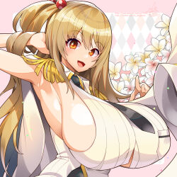 1girl black_necktie blonde_hair breast_pocket breasts cape collar collared_dress day dress fisheye flower frilled_collar frills gigantic_breasts hair_between_eyes highres horns last_origin long_hair looking_at_viewer necktie orange_eyes pants pixiv_id pixiv_username pocket salacia_(last_origin) sideboob signature sleeveless sleeveless_dress smile solo twitter_username umigarasu_(kitsune1963) white_dress